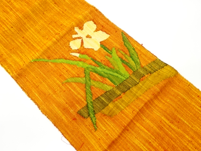 JAPANESE KIMONO / VINTAGE NAGOYA OBI / MAWATA TSUMUGI / WOVEN ABSTRACT FLORAL PLANTS